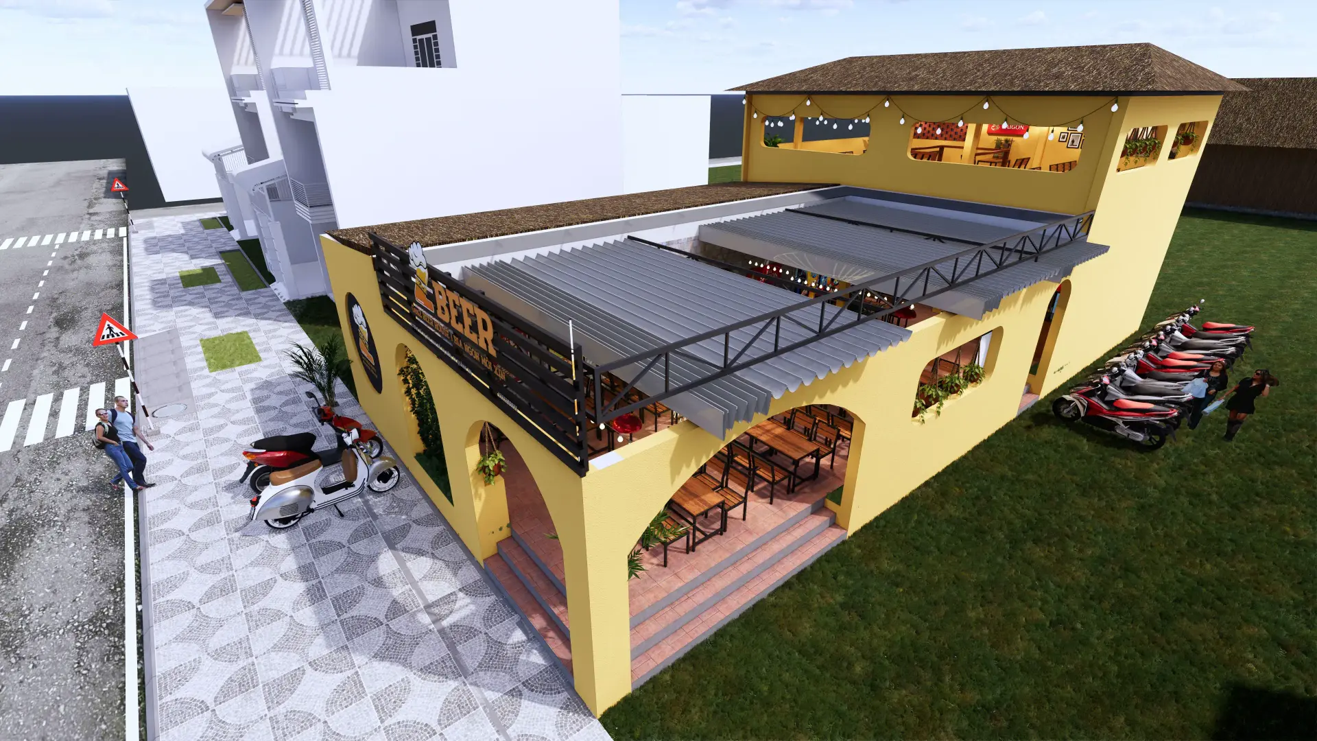 Render 3D tổng thể mặt bằng Z-BEER — sảnh chính tường đá, phòng VIP, sân vườn